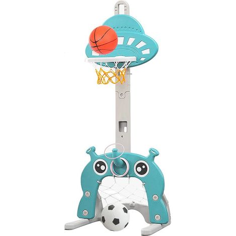 Panier de Basket pour Enfant, 3 en 1 Centre d'Activité Sportives avec Basketball, Football, Hauteur Réglable, Rack de Jeu Cloud Bleu Clair (1/5)
