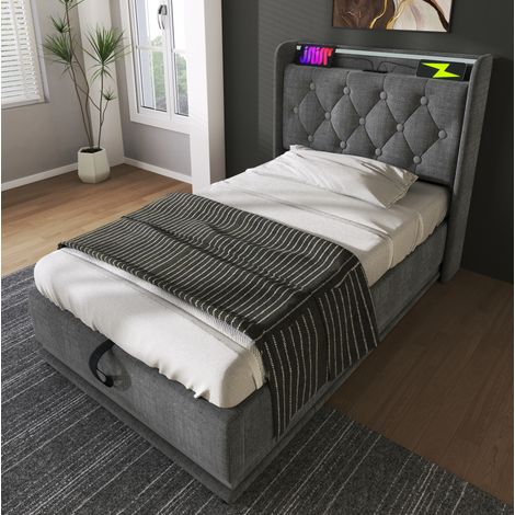 lit simple coffre rangement LED USB 90x200 lin gris OKMYHOME (1/5)