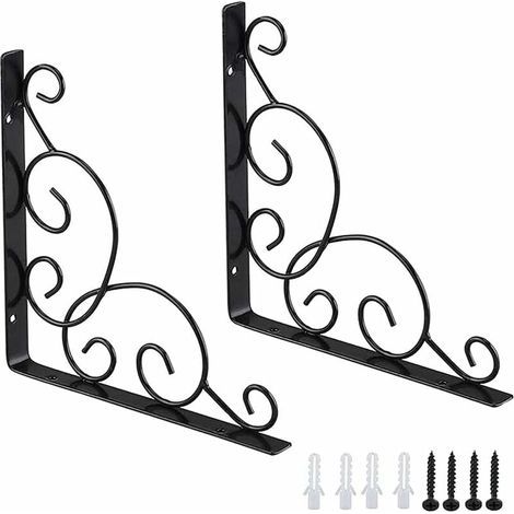 Equerre D'étagere en Fer Forgé, 2 Pièces Équerres pour Étagère de Jardin, Équerre pour Étagere Murale en Fer, Équerre de Support D'étagère, pour Cuisine Salle de Bain Bureau Restaurant (Noir) (1/5)