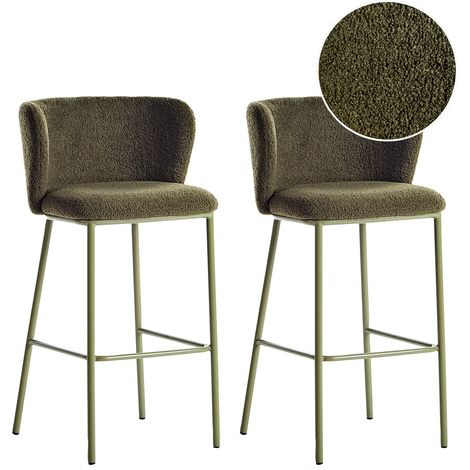 Conjunto de 2 sillas de bar modernas asiento tapizado bouclé sin reposabrazos respaldo curvo patas negras verde Mina