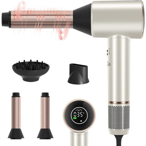 Sèche-cheveux Air-Sonic, HD-LED Seche Cheveux avec 110,000RPM Moteur silencieux sans balais, 2x 32MM Air Auto-curler(Argent champagne) (1/5)