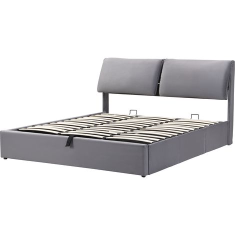 Lit Coffre Double avec 3 Tiroirs, Tête de Lit Réglable et Système Hydraulique 180 x 200 cm, Sans Matelas, Gris (1/5)