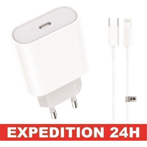 Chargeur USB-C 20W - Apple - iPhone 14/13/12/11 - Câble 2m - Charge rapide - Blanc