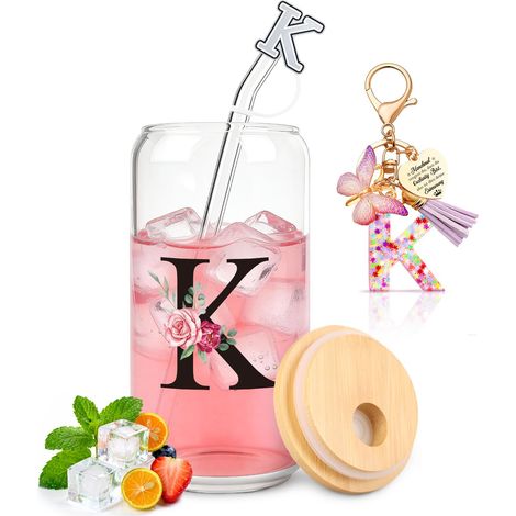 Tasse en verre avec lettres K avec couvercle et paille, cadeaux personnalisés pour femme, pour anniversaire, Noël, Saint-Valentin (1/5)