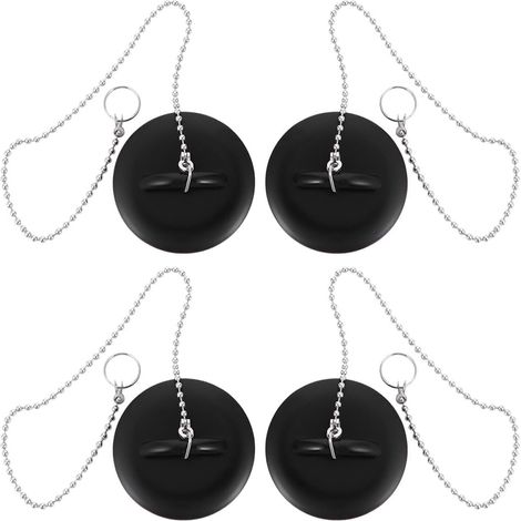 4 bouchons de lavabo - PVC - noir - avec chaîne - pour bonde (1/5)