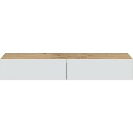 Meuble TV suspendu 180 cm – 2 abattants et 2 niches de rangement – Design contemporain en chêne nodi et blanc – Charge max 25kg par niche – Ventemeublesonline
