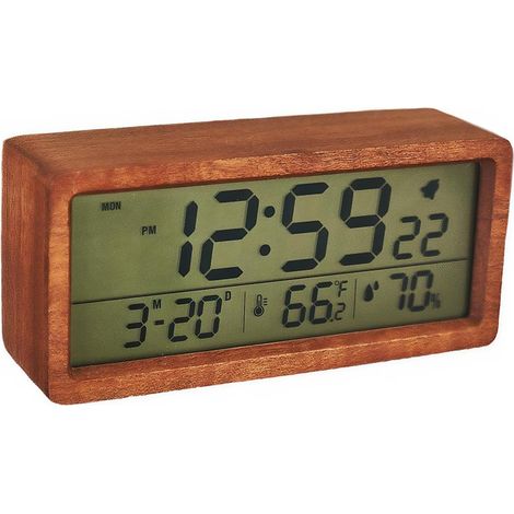 Réveil en bois massif : grand écran LCD heure/date/température/humidité/semaine, horloge de table pour chambre à coucher ou bureau (1/5)