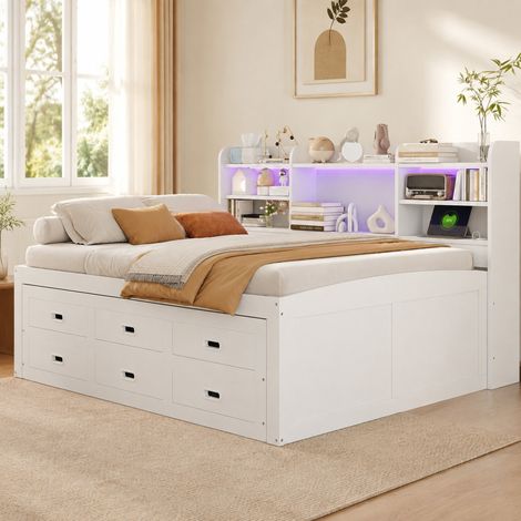 Daybett 140x200 cm Weiß aus Spanplatte und MDF mit LED, 3 Schubladen, Ausziehbett, USB-C (1/5)