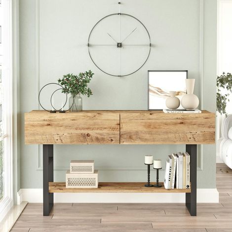 Console rustique chic décor bois clair 2 tiroirs JENA