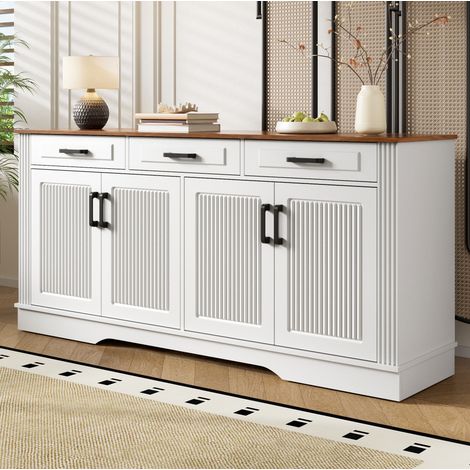 Weiße MDF-Kommode 160 x 40 x 75 cm, 3 Schubladen und 4 Türen mit Vertikalrelief HAVRYA (1/5)