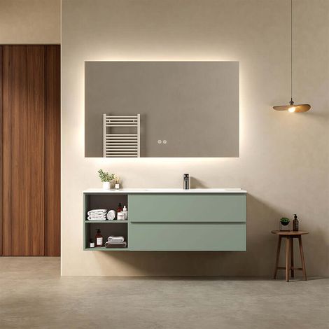 Mobile bagno sospeso 140 cm Verde Salvia Lavabo a Destra in Resina Specchio Quadro Retroilluminato - Fiji Paint Plus (1/4)