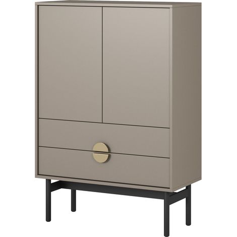 Selsey – Buffet haut 123,7 cm avec 2 tiroirs – Panneau stratifié gris pierre – Cadre en acier noir – Poignées dorées (1/5)