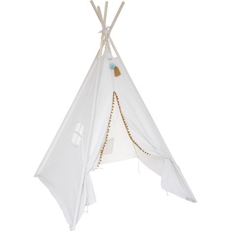 Atmosphera – Tipi enfant écru 160 cm avec pompons – Poteaux en bois de peuplier – Toile en polyester et coton – Sac de transport inclus