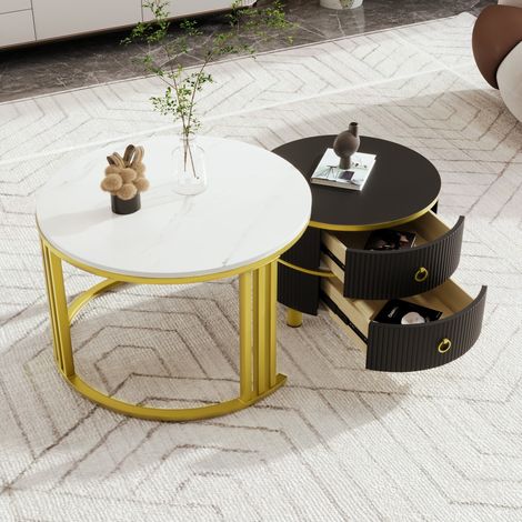 Set de 2 tables basses rondes 70x70x46 / 50x50x40 cm noir en MDF avec tiroirs et plateaux imbriquables (1/5)