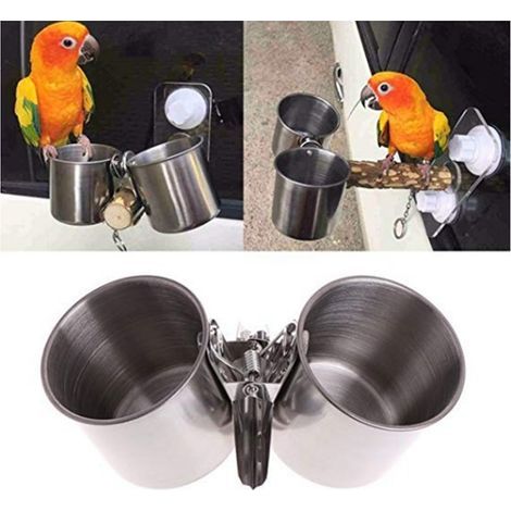 Stainless steel parrot feeding cups, bird feeders, double water cage, bowls with clip holder for cockatiels, budgies (1/5)