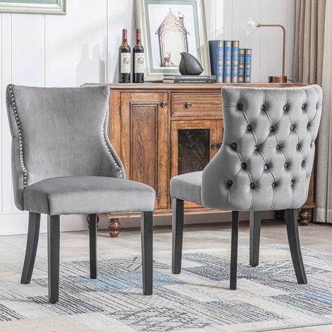 Lot de 6 chaises de salle à manger en velours gris, pieds en bois massif, dossier capitonné avec anneau argenté, charge 150 kg (1/5)