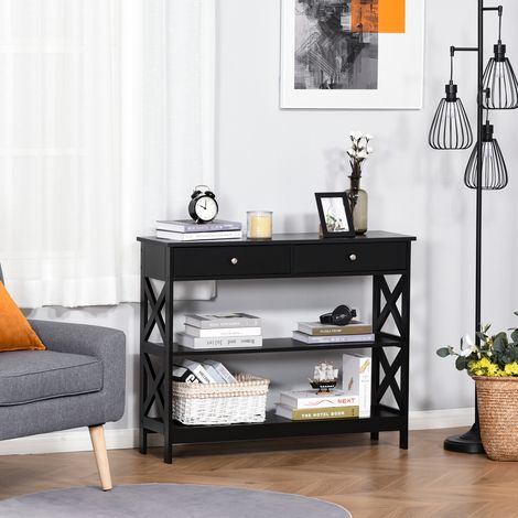 Meuble console entrée design drapier vintage 2 tiroirs 2 rayonnages 100L x 30,5l x 80H cm MDF noir (1/5)