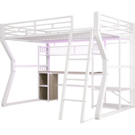Cama alta 140 x 200 cm de metal con escritorio, LED, enchufe y almacenaje, blanca (1/5)