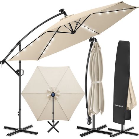 Parasol à pied déporté Artemis, pivotant 360°, LED solaire, 3,5 x m - beige