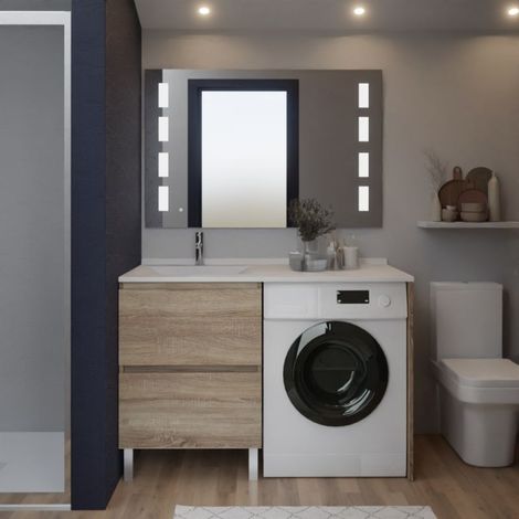 Waschmaschinenschrank IDEA versetztes Waschbecken + Prestige-Spiegel - Holz - Linkes Waschbecken
