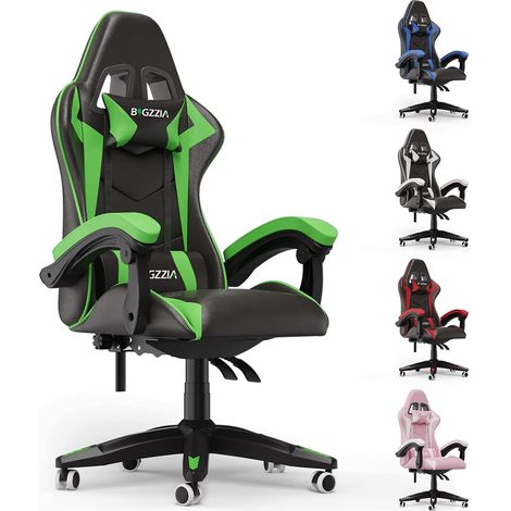 Bigzzia – Chaise gaming ergonomique inclinable 90°-155° – Cuir PU haute qualité – Appui-tête et coussin lombaire amovibles – Roulettes silencieuses – Confort optimal pour longues sessions