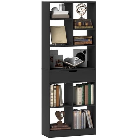 Bibliothèque, étagère à Livres, Meuble de Rangement avec tiroir et 9 Compartiments Ouvertes, étagère de Rangement pour Salon, Chambre Bureau, 60 x 26 x 158 cm, Noir (1/5)
