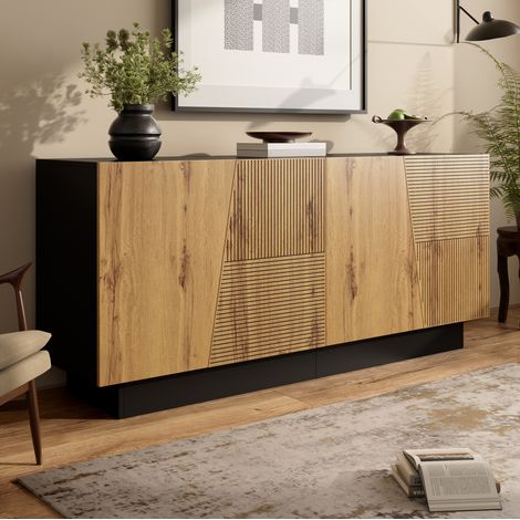 Credenza 160 cm in PB, contenitore con ripiano regolabile, nero e legno HAVRYA (1/5)