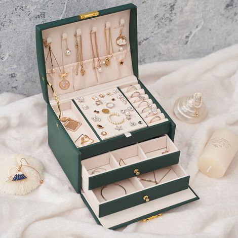 Boite a Bijoux Femme Fille(Vert Foncé), Boîte à Bijoux Coffret à Bijoux Rangement Bijoux Organisateur pour Bagues Bracelets Boucles d'oreilles Montres Lunettes Cadeaux de Noël