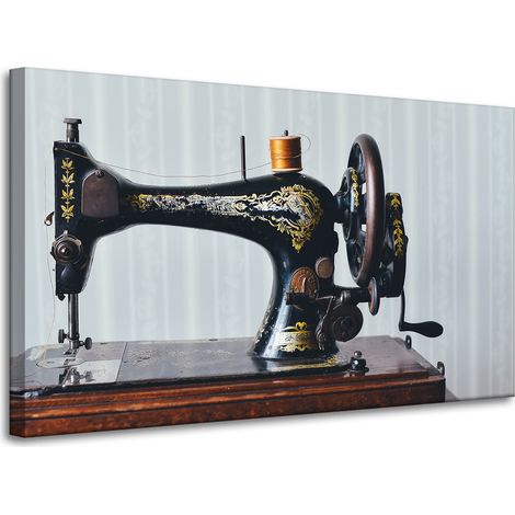 Lienzo impreso con máquina de coser vintage, 100x60 cm, aguja de sastre e hilo.