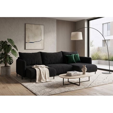 Divano angolare reversibile 5 posti FONII U con funzione letto, rivestito in tessuto teddy bouclé nero (1/5)