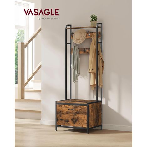VASAGLE Perchero Zapatero, Perchero Recibidor, con Banco Zapatero, 7 Ganchos, Estante Superior, Pasillo Dormitorio Salón, Estilo Moderno, Marrón Rústico y Negro (1/5)