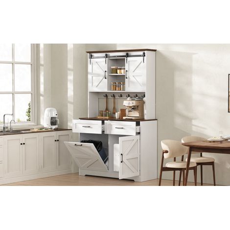 Aparador de cocina 96/40/180 cm blanco con puertas correderas y superficies efecto madera oscura (1/5)