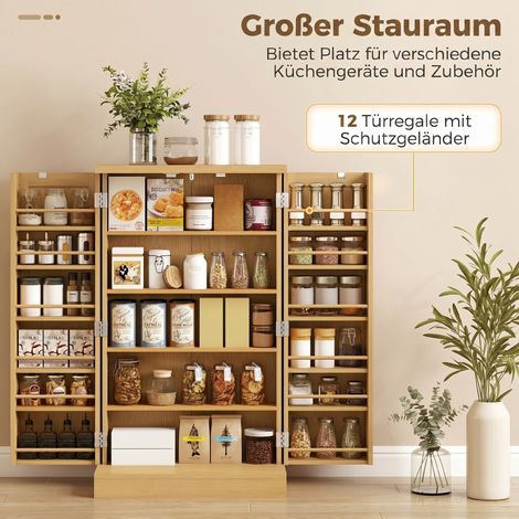 104 cm breiter Küchenschrank aus Rattan mit 5-stufigem Regal, 12 Gewürzfächern und verstellbaren Einlegeböden, Naturfarbe. (1/5)