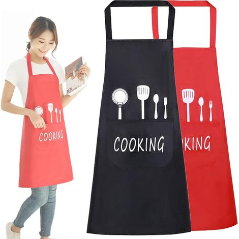 2 Pack Tabliers de Cuisine Etanche,Tablier Réglable avec Poches pour Cuisine Familial,Restaurant,Jardin,Barbecue,école,Café,Tablier pour Chef,Boulanger,Serveurs(Noir + Rouge) Oi-FRIS (1/5)