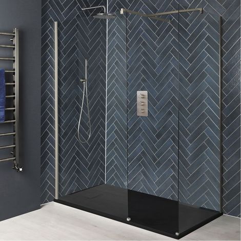 Hudson Reed Harting - Douche Italienne d’Angle avec Receveur à Effet Texturé Anthracite – 110cm x 70cm – Nickel Brossé (1/5)