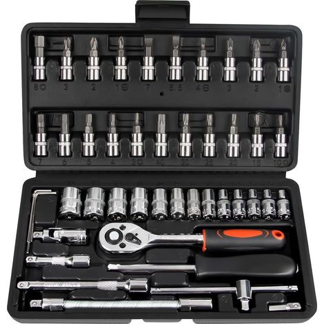 Coffret de 45 douilles à cliquet 1/4 pouce avec embouts, douilles métriques et rallonge pour les réparations de voitures, vélos, motos et travaux domestiques, comprenant un coffret de rangement noir. (1/5)