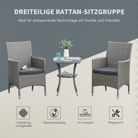 Lot de meubles de jardin en polyrotin, salon d'extérieur pour 2 personnes, ensemble 3 pièces : 2 fauteuils, table avec coussins, lounge pour terrasse, balcon, gris. (1/5)