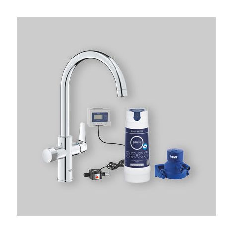 Grohe – Mitigeur d’évier avec système de filtration – Bec col de cygne pivotant 360° – Finition chrome éclatant – Capacité filtration 3000 litres (1/5)