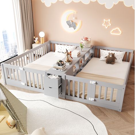 Multifunktionales Kinderbett 90x200 cm mit Schubladen, Regal und Schutzgitter, Grau HAVRYA (1/5)