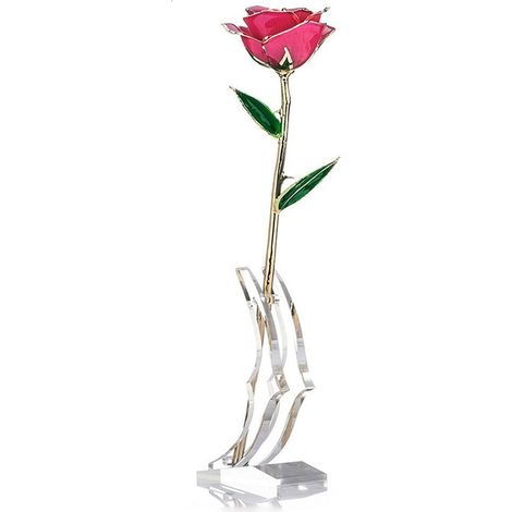 Rose à longue tige trempée dans de l'or 24 carats, présentée dans un coffret cadeau avec support (Rose rose avec support) (1/5)