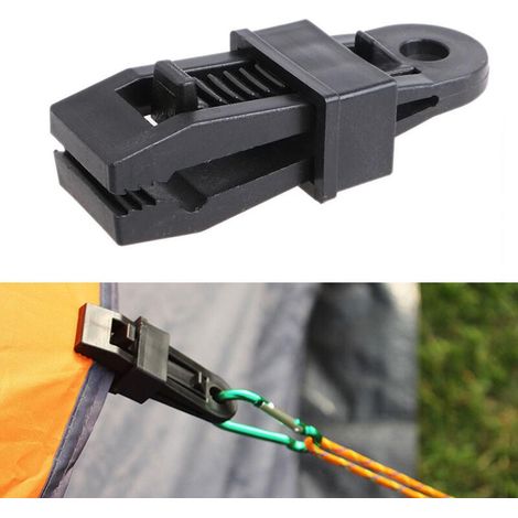 Lot de 20 pinces de camping extérieur en plastique noir, crochet fixation bâche, boucle serre-vent multifonction pour tente et auvent, accessoire durable (1/5)