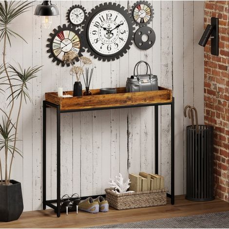 Table console en bois brun rustique 100 cm avec structure métal, format étroit (1/5)