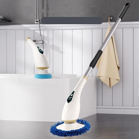 Brosse de nettoyage électrique rotative sans fil, étanche, pour salle de bain, avec 8 têtes interchangeables et long manche, idéale pour la douche, le carrelage, la cuisine et la baignoire. (1/5)