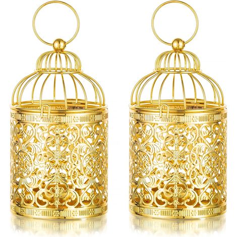 Bougeoirs Lanterne de Cages en Métal 2 Pièces Petites Suspendue Chandeliers pour Bougie Chauffe Plat Candélabres, Vintage Photophore Décoratives Centre de Table pour Mariage Salon Fête, Or (1/5)