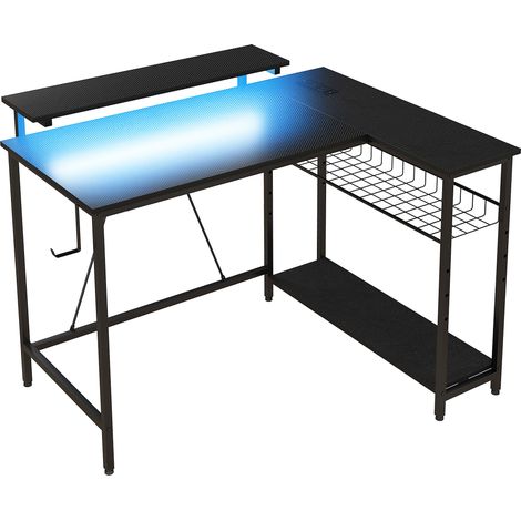 Bureau d'angle réversible noir 107x80x90cm, table d'ordinateur avec bande lumineuse LED, 2 prises électriques et 2 ports USB, panier de rangement ajustable (1/5)