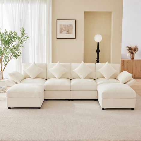 Canapé d'angle modulaire en chenille,en forme de U,avec 2 poufs,accoudoirs réglables,4 coussins décoratifs et 2 appuie-têtes,beige