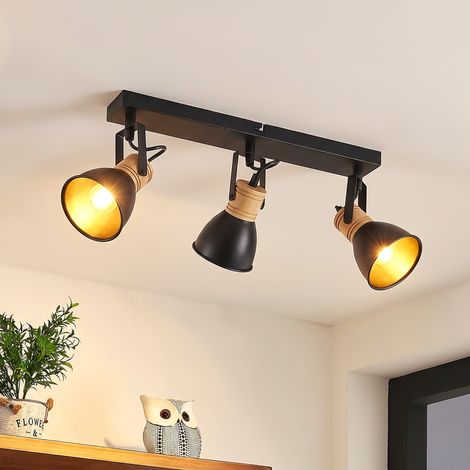 ZMH Spot Plafond E14 3 Lumières Orientables 350°, Bois et Métal Noir, pour Salon et Chambre (1/5)