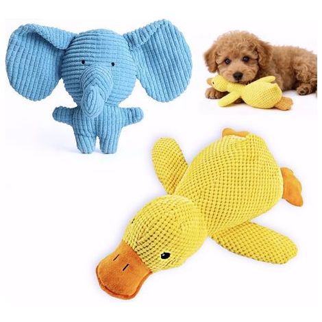 Lot de 2 jouets sonores pour chien Petit canard et petit éléphant bleu