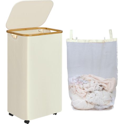 Cesto para ropa sucia con ruedas de 100 l, extragrande, con bolsa interior extraíble y lavable, alto, con tapa para toallas (beige)