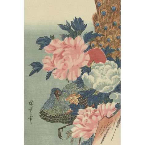 papier peint panoramique paon et pivoines vieux rose, vert et bleu - Origin Wallcoverings (1/5)